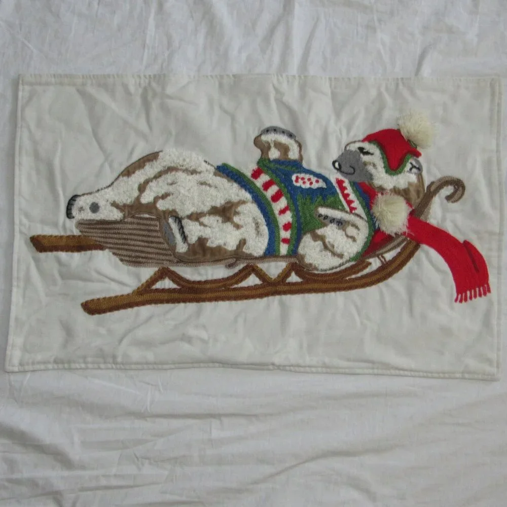 Pottery Barn Polar Bear Crewel Embroidered Holiday Sled Pillow Sham 26